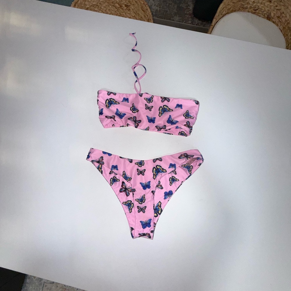 🦋 Pink Butterfly Bandeau Bikini – Size L (Adjustable, Fits S–L)